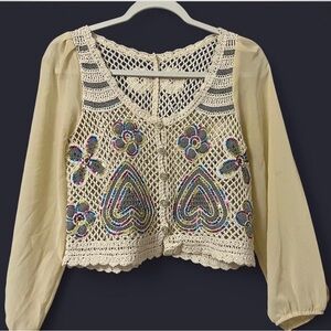 Embroidered Crochet Beige Top